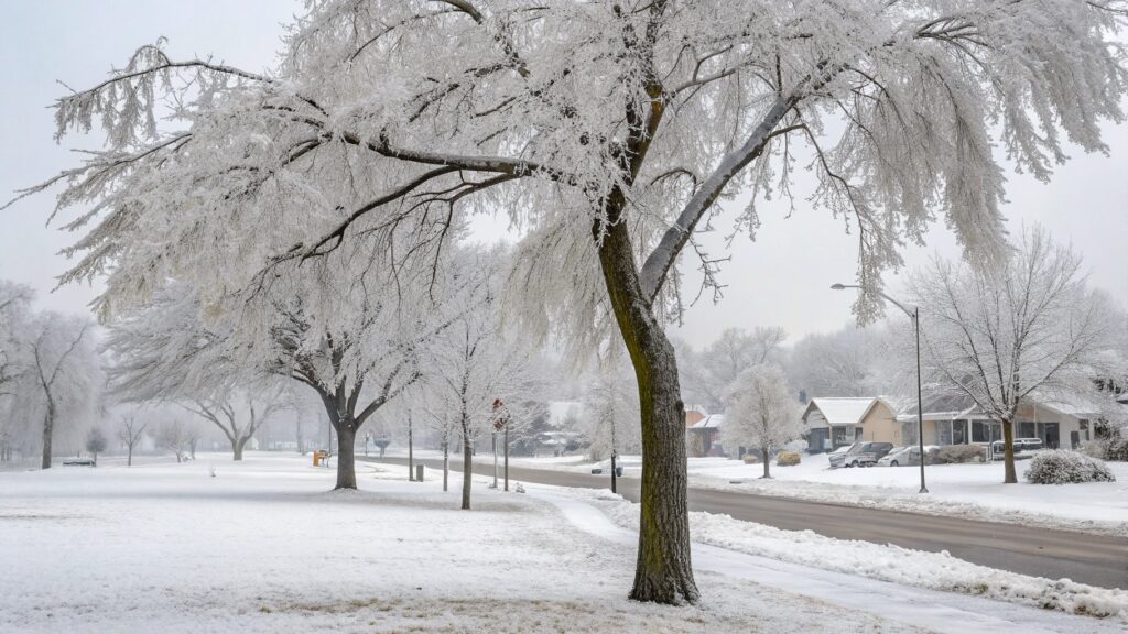Winter Landscape with Frosted Trees healthy trees affected by extreme Midwest temperatures.